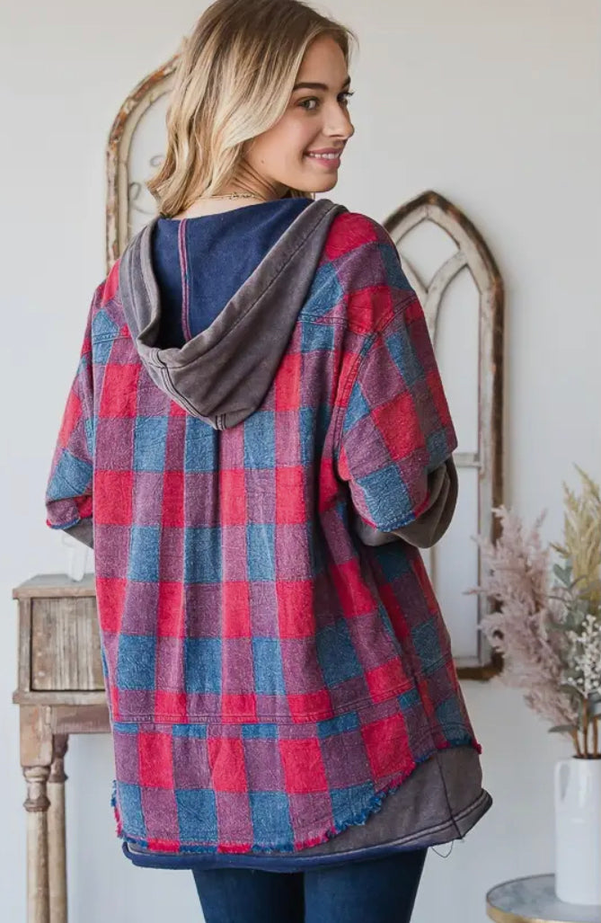 Oversized Mineral Washed Plaid Hoodie Jacket