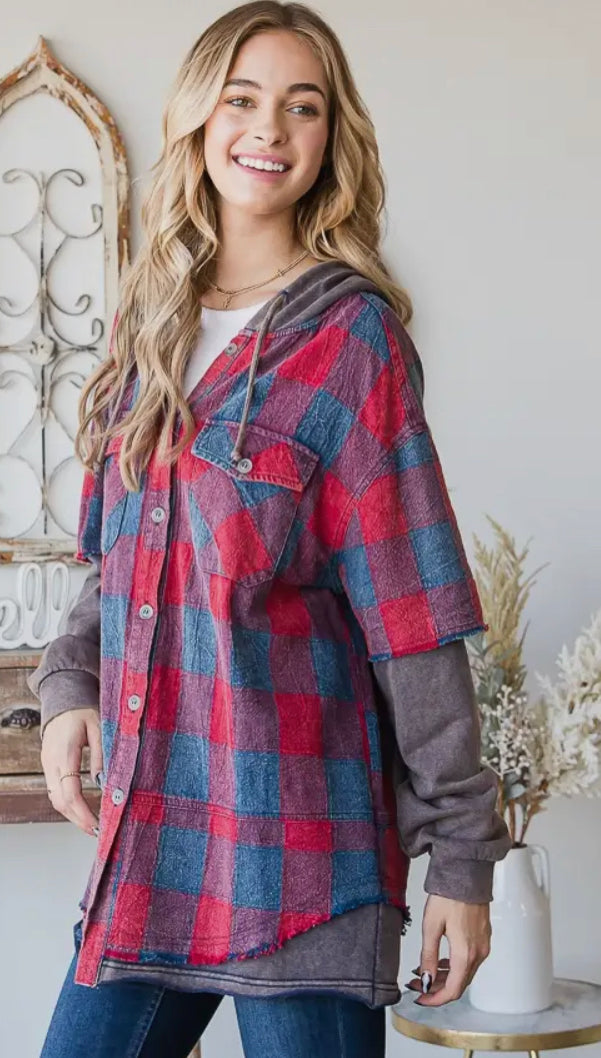 Oversized Mineral Washed Plaid Hoodie Jacket
